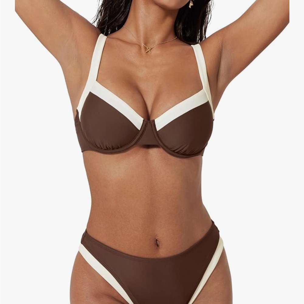 Brown & Cream Underwire Bikini Top - Women Swim